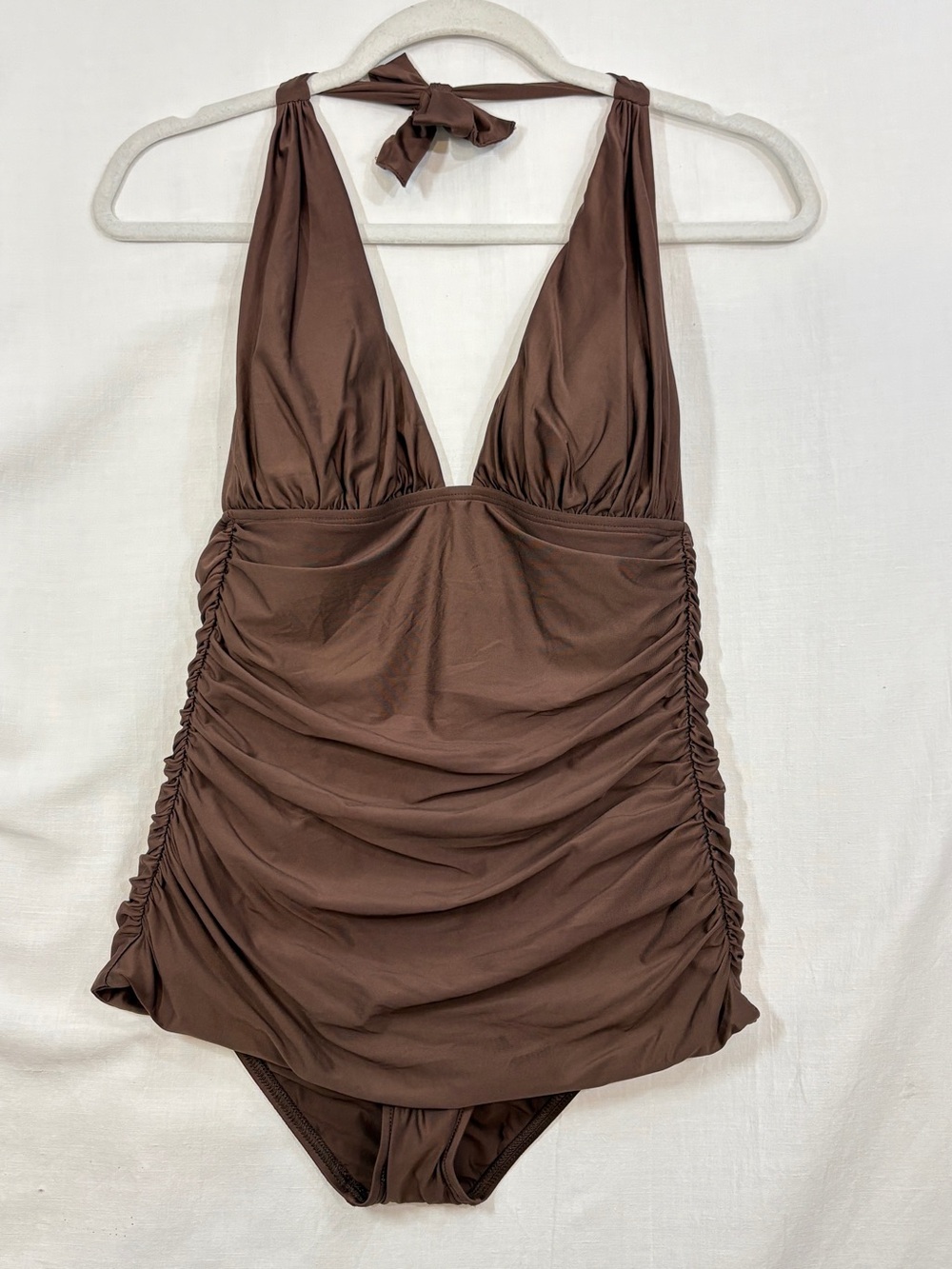 St. John Chocolate Brown Ruched Halter One-Piece Swimsuit